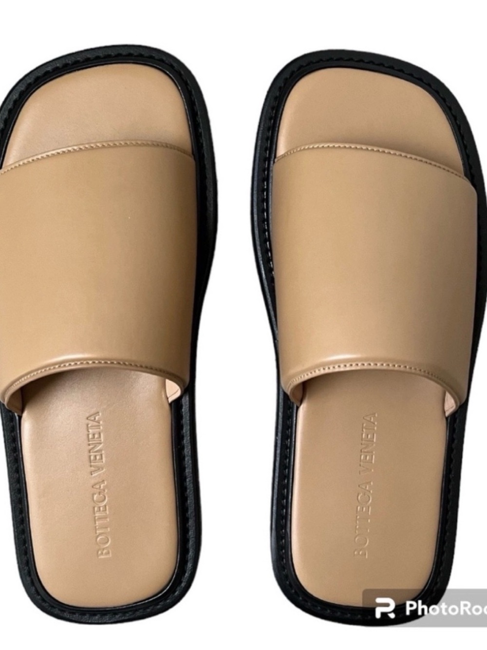 Bottega Veneta Beige Leather Square-Toe Slide Sandals
